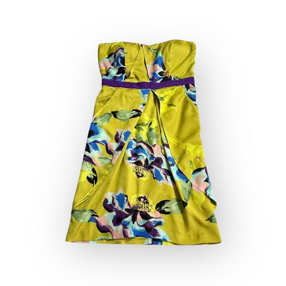 Vince Camuto Mini Dress Women's 8 Yellow Blue Floral Sweetheart Strapless - Picture 1 of 9